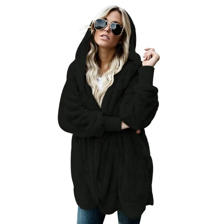 Clearance_Autumn Winter Double Fleece Cardigan Jacket Women Solid Color Long Sleeve Plush Warm Hooded Lady Jacket Oversized Oute