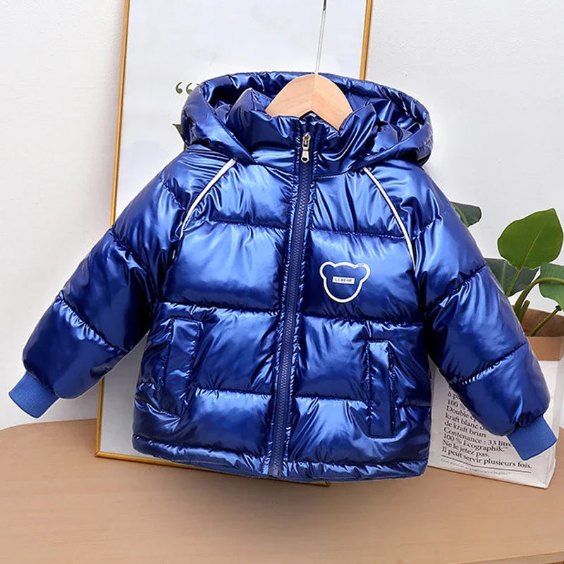 Winter New Boys Thick Jacket Cartoon Bear Glossy Antifouling Lining Plus Velvet Keep Warm Hooded Snowsuit For 2-6 Years