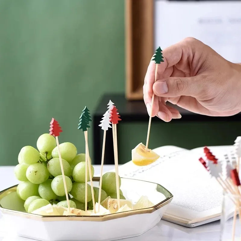 Christmas Fruit Sticks Santa Claus Disposable Bamboo Woven Toothpicks Buffet Paper Cups Cake Forks Party Decorations Toothpicks