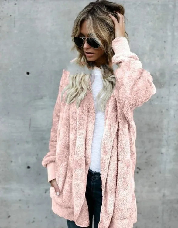 Clearance_Autumn Winter Double Fleece Cardigan Jacket Women Solid Color Long Sleeve Plush Warm Hooded Lady Jacket Oversized Oute