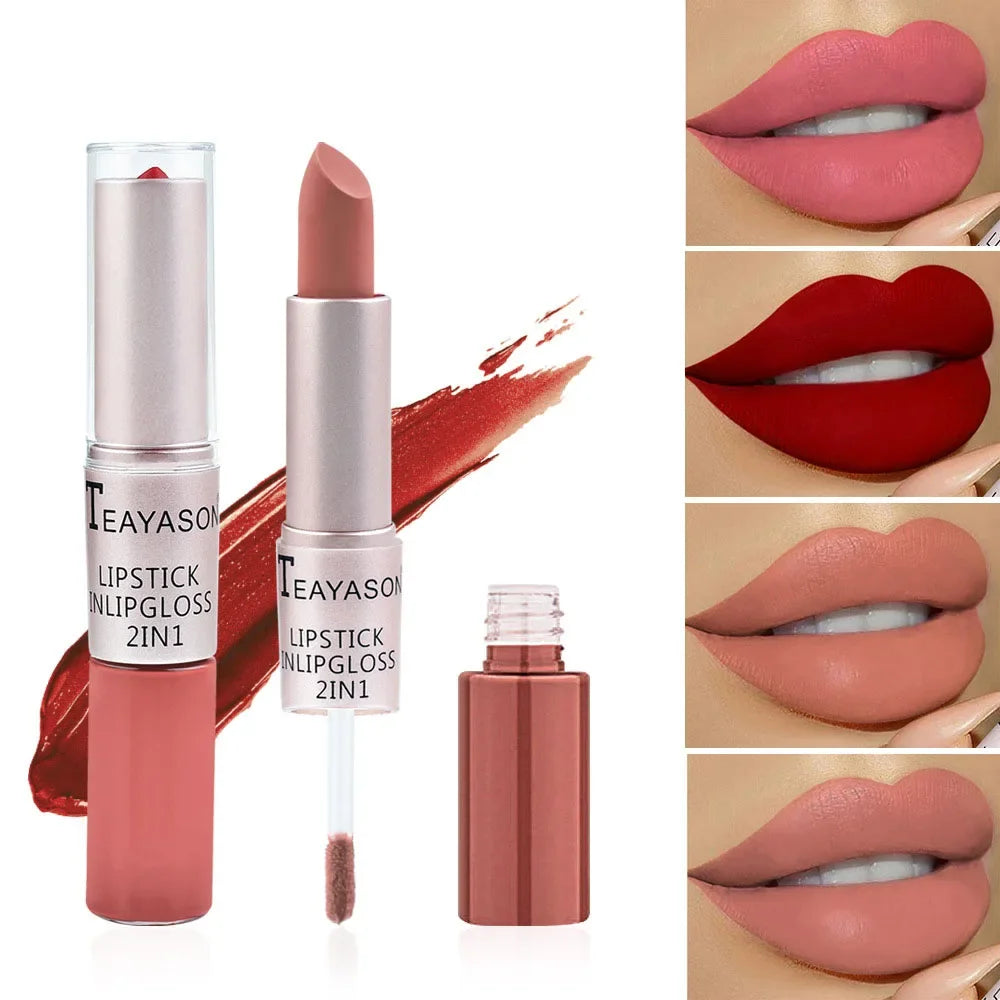 Long Lasting 2 IN 1 Velvet Matte Lipstick Double Head Lip Gloss Non-stick Cup Lip Gloss Tint Plumper Waterproof Lipstick Makeup
