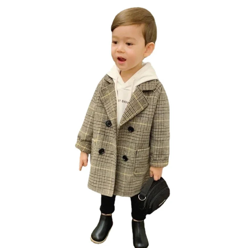 New Winter Grid Jackets Boys Girl Woolen Double-breasted Baby Boy Trench Coat Lapel Autumn Kids Outerwear Coats  Wool Overcoat