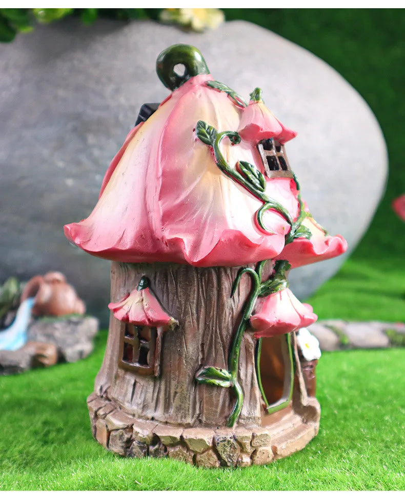 Garden Solar Night Light Mushroom House Flower Outdoor Courtyard Landscape Decoration Ornaments Resin Crafts Porch Accessories