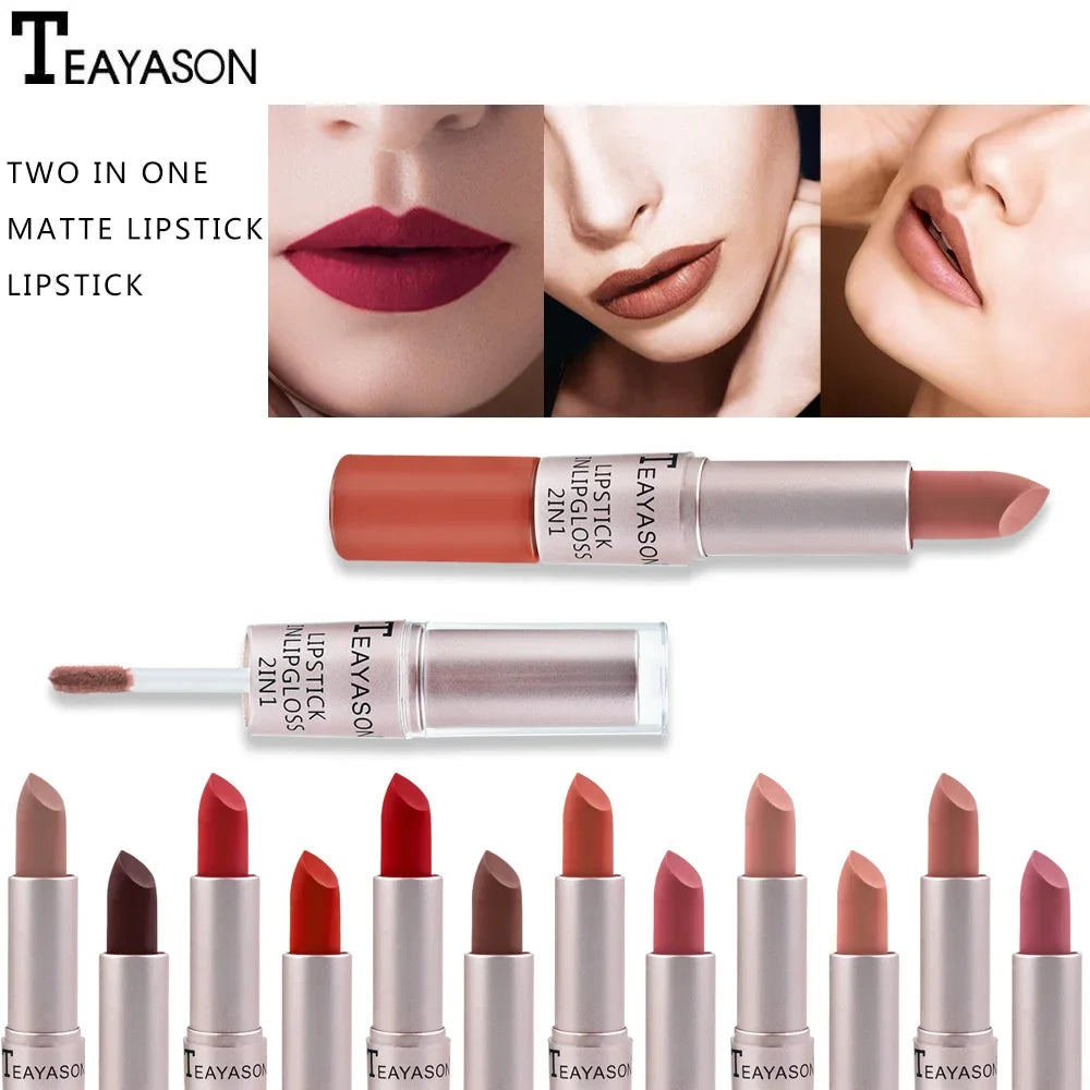 Long Lasting 2 IN 1 Velvet Matte Lipstick Double Head Lip Gloss Non-stick Cup Lip Gloss Tint Plumper Waterproof Lipstick Makeup