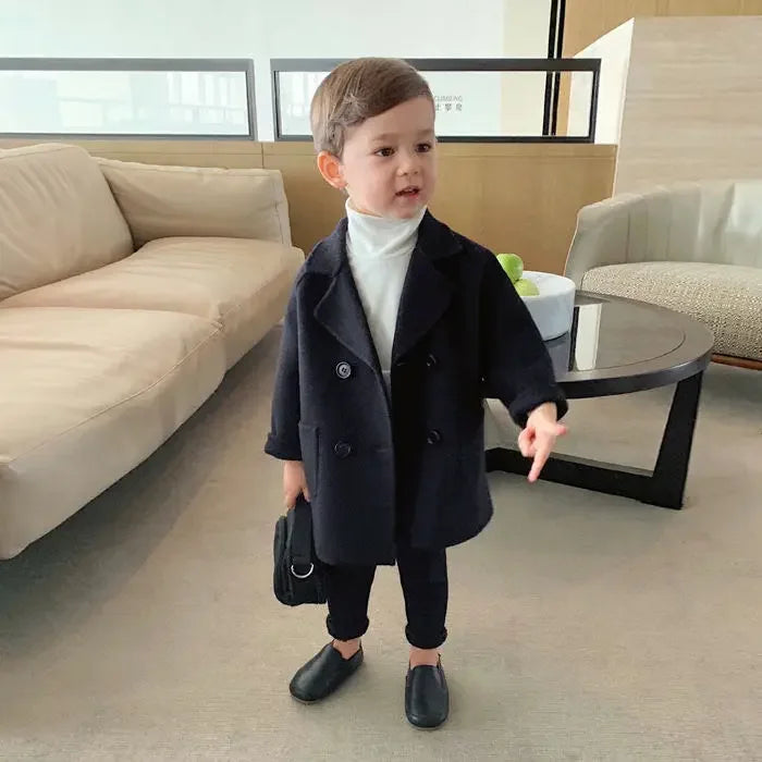 New Winter Grid Jackets Boys Girl Woolen Double-breasted Baby Boy Trench Coat Lapel Autumn Kids Outerwear Coats  Wool Overcoat