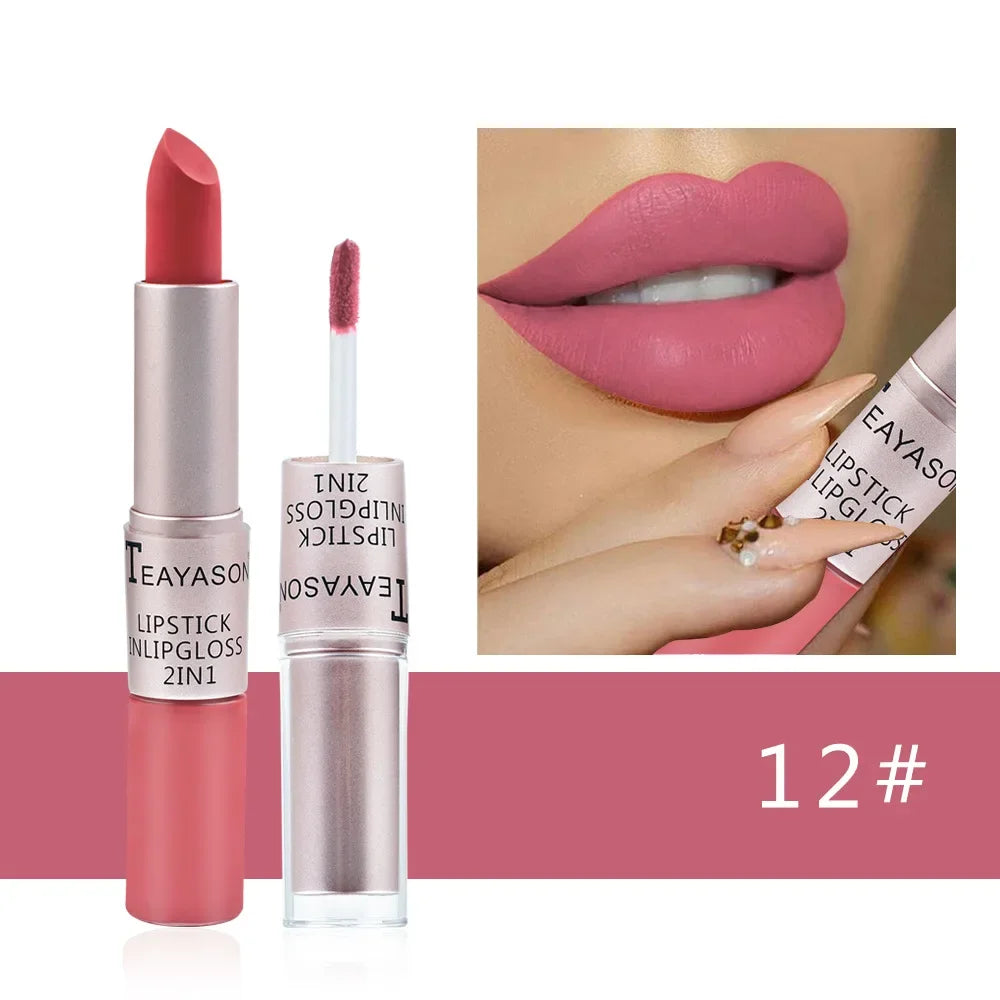 Long Lasting 2 IN 1 Velvet Matte Lipstick Double Head Lip Gloss Non-stick Cup Lip Gloss Tint Plumper Waterproof Lipstick Makeup