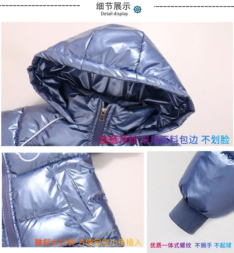 Winter New Boys Thick Jacket Cartoon Bear Glossy Antifouling Lining Plus Velvet Keep Warm Hooded Snowsuit For 2-6 Years