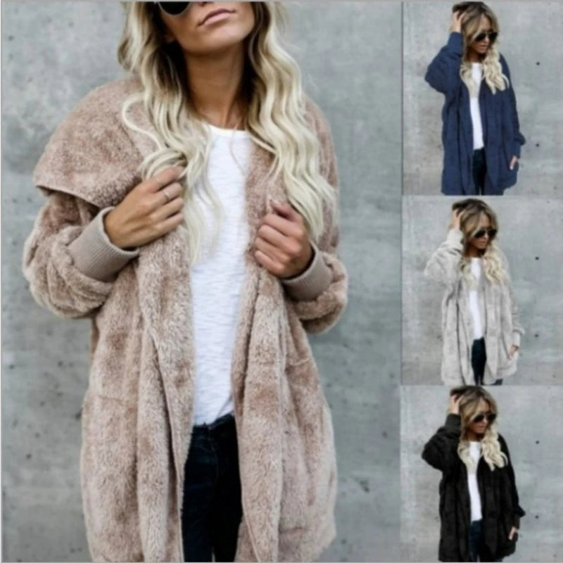 Clearance_Autumn Winter Double Fleece Cardigan Jacket Women Solid Color Long Sleeve Plush Warm Hooded Lady Jacket Oversized Oute