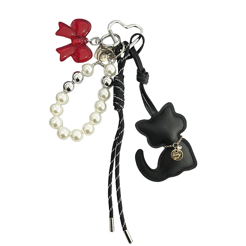 Bag Charms Purse Charms kit Keychains for Women,Cute Leather Cat Pearl bowknot Keychain Bag Charm for Handbag Accessories Tready