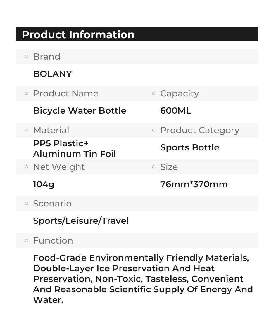 BOLANY Bicycle Water Bottle 600ml Squeeze Out Water PP5 Double Layer Heat And Ice-Protected GYM Fitness Outdoor Sports Cup