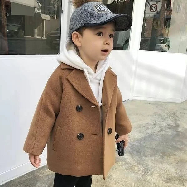 New Winter Grid Jackets Boys Girl Woolen Double-breasted Baby Boy Trench Coat Lapel Autumn Kids Outerwear Coats  Wool Overcoat