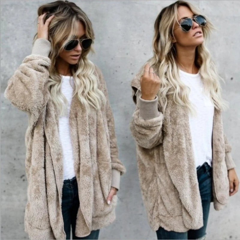 Clearance_Autumn Winter Double Fleece Cardigan Jacket Women Solid Color Long Sleeve Plush Warm Hooded Lady Jacket Oversized Oute