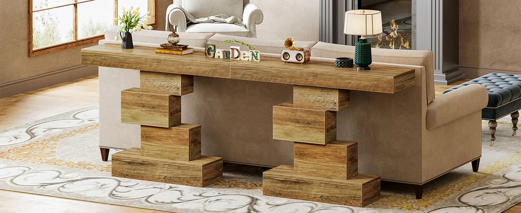 Tribesigns 42.5" Farmhouse Console Table, Narrow Wood Sofa Table Behind Couch with Geometric Base, Industrial Entryway Accent Ta