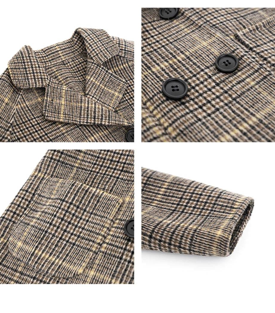 New Winter Grid Jackets Boys Girl Woolen Double-breasted Baby Boy Trench Coat Lapel Autumn Kids Outerwear Coats  Wool Overcoat