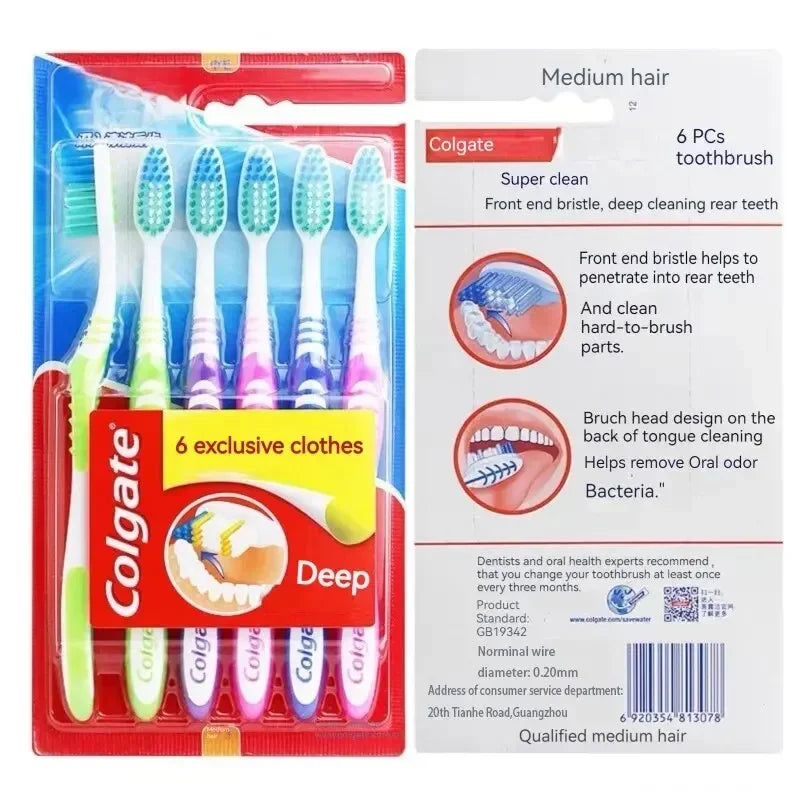 6-Pack Soft & Medium Bristle Toothbrushes | Colgate-Style Family & Travel Set | Unisex Ergonomic Handle