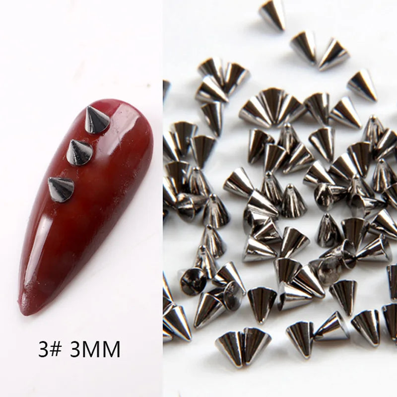 TSZS 1/2/3mm Spikes On Nail Metal Studs Conical Shape Punk Style Halloween Nail Charms Flat Back Rivets 3D Alloy Nail Decoration