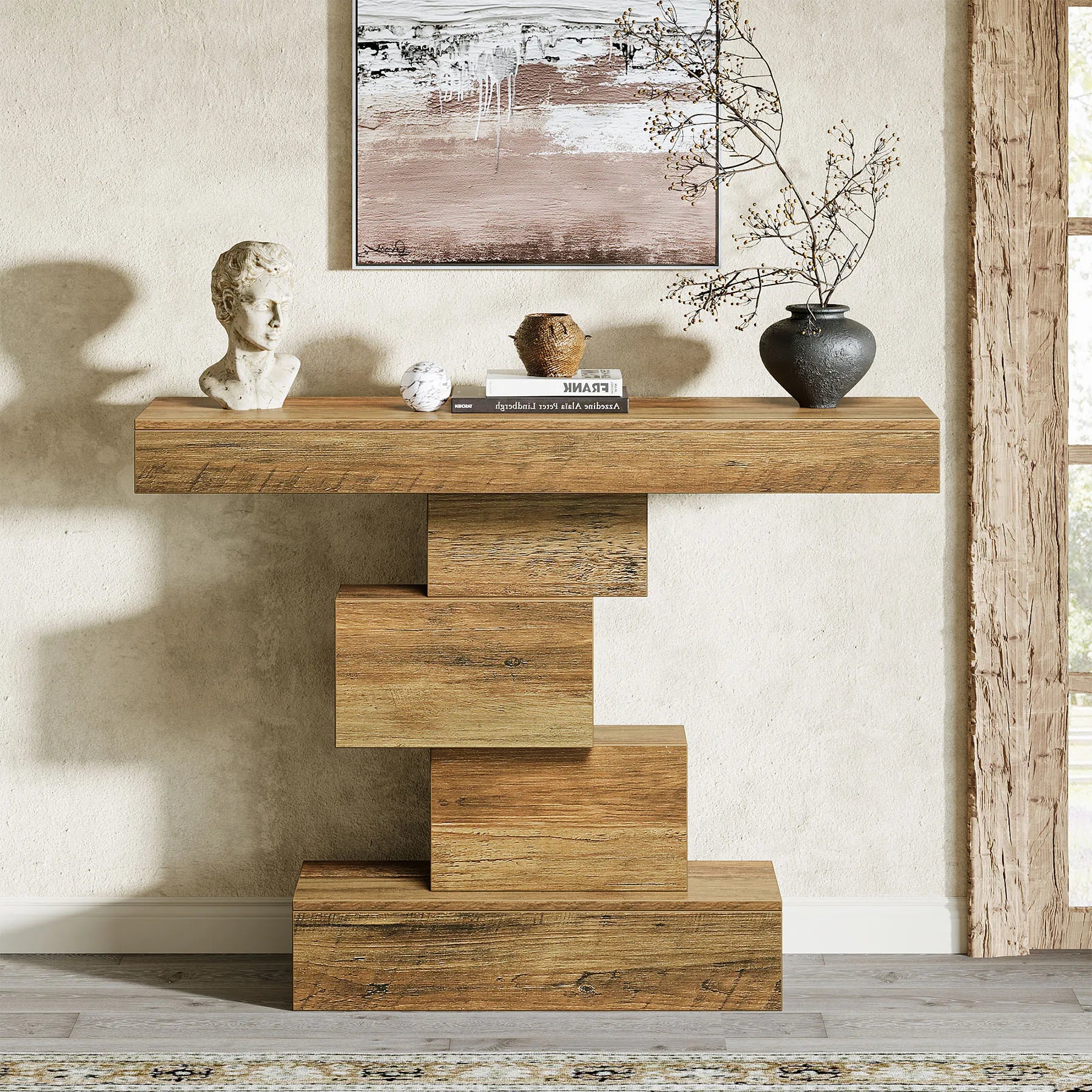 Tribesigns 42.5" Farmhouse Console Table, Narrow Wood Sofa Table Behind Couch with Geometric Base, Industrial Entryway Accent Ta
