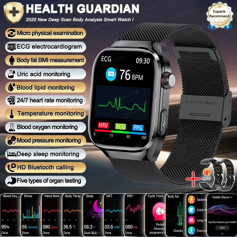 2025 New Men ECG+PPG Five Organs Health Diagnosis Smart Watch Uric Acid Blood Lipids Blood Pressure Temp Heart Rate Smartwatches
