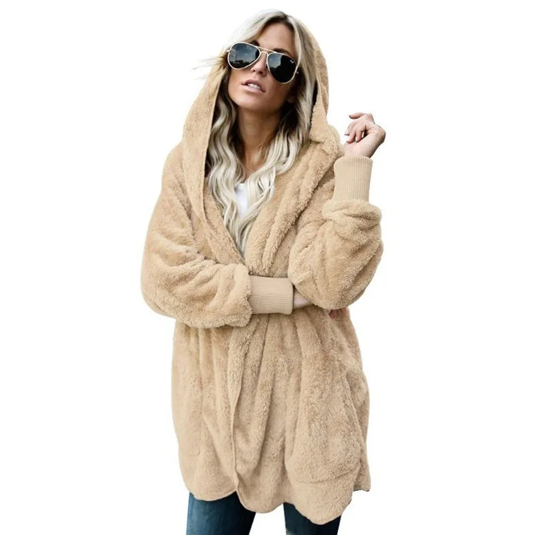 Clearance_Autumn Winter Double Fleece Cardigan Jacket Women Solid Color Long Sleeve Plush Warm Hooded Lady Jacket Oversized Oute