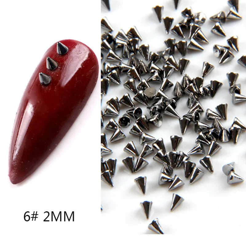 TSZS 1/2/3mm Spikes On Nail Metal Studs Conical Shape Punk Style Halloween Nail Charms Flat Back Rivets 3D Alloy Nail Decoration
