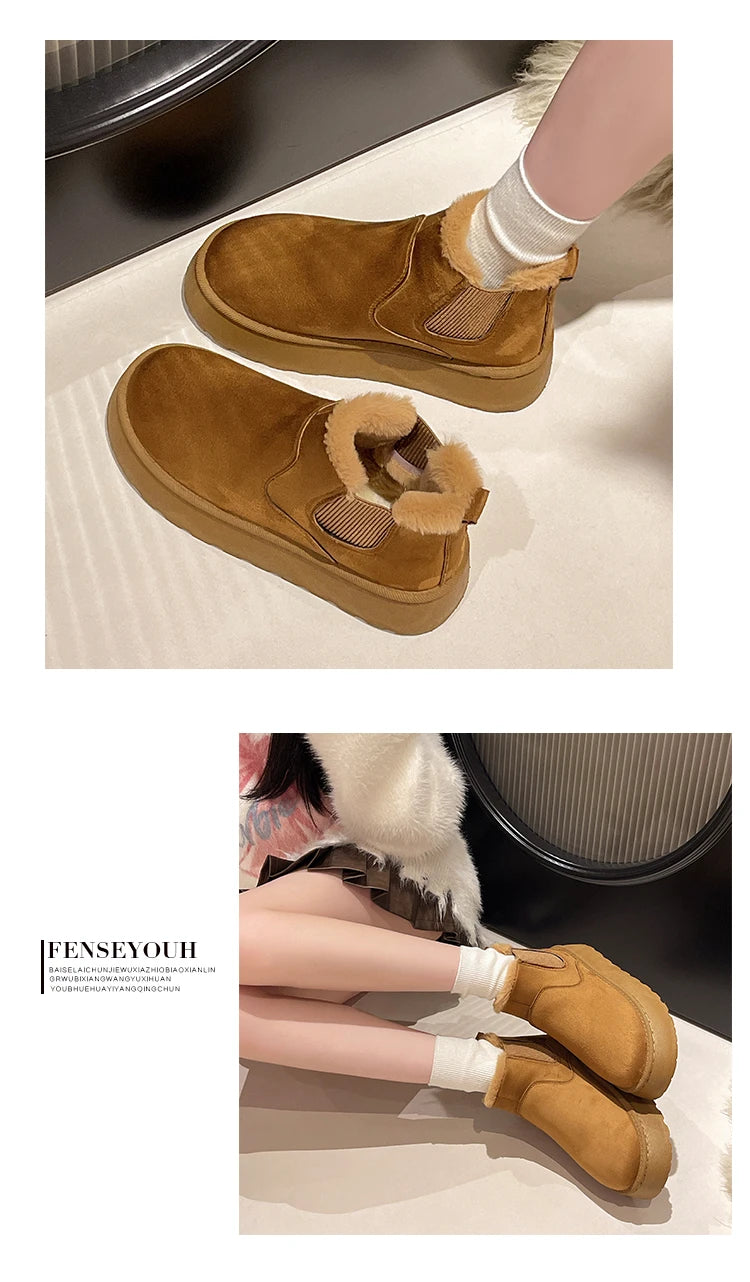 Winter Women Short Plush Warm Snow Boots Casual Shoes  New Suede Fur Chelsea Ankle Boots Flats Platform Ladies Shoes Botas