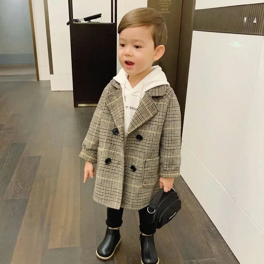 New Winter Grid Jackets Boys Girl Woolen Double-breasted Baby Boy Trench Coat Lapel Autumn Kids Outerwear Coats  Wool Overcoat