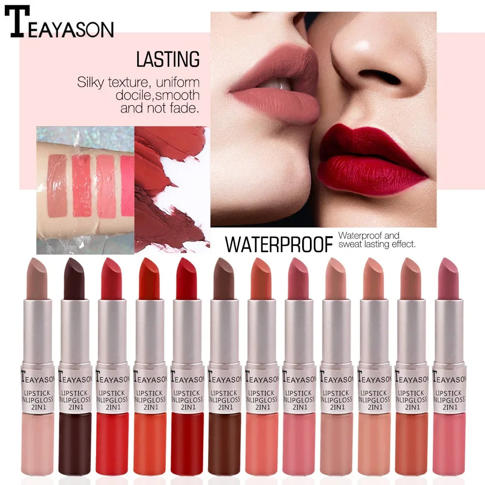 Long Lasting 2 IN 1 Velvet Matte Lipstick Double Head Lip Gloss Non-stick Cup Lip Gloss Tint Plumper Waterproof Lipstick Makeup