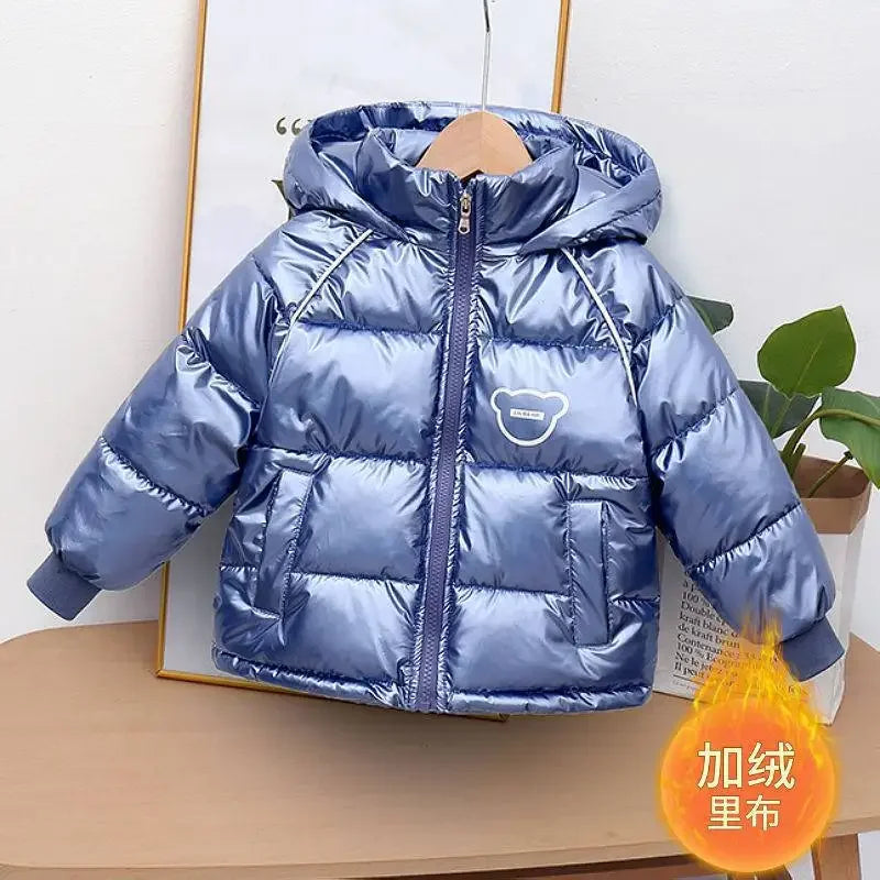 Winter New Boys Thick Jacket Cartoon Bear Glossy Antifouling Lining Plus Velvet Keep Warm Hooded Snowsuit For 2-6 Years
