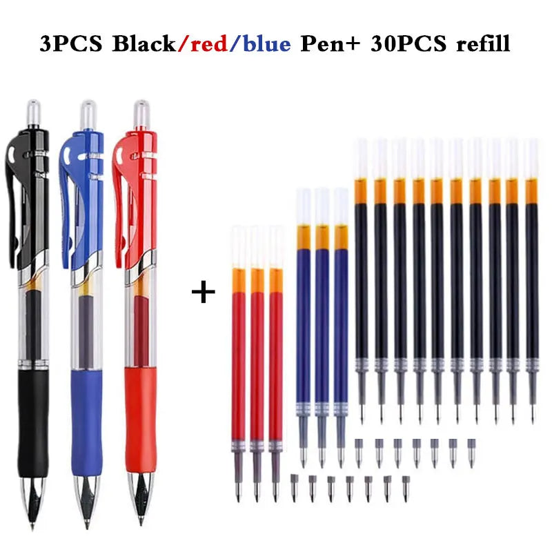 23/33Pcs Retractable Ballpoint Pen Large Capacity 0.5mm Ballpoint Pen Black/Red/Blue Replaceable Refill School Supplies