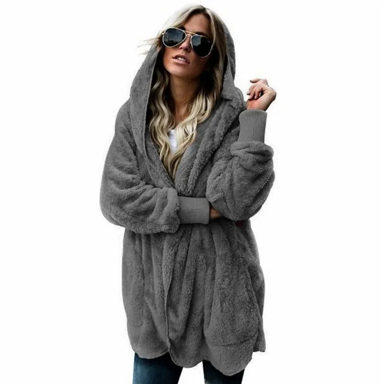 Clearance_Autumn Winter Double Fleece Cardigan Jacket Women Solid Color Long Sleeve Plush Warm Hooded Lady Jacket Oversized Oute