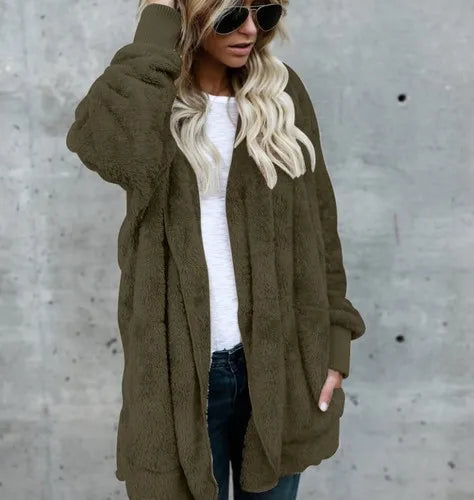 Clearance_Autumn Winter Double Fleece Cardigan Jacket Women Solid Color Long Sleeve Plush Warm Hooded Lady Jacket Oversized Oute