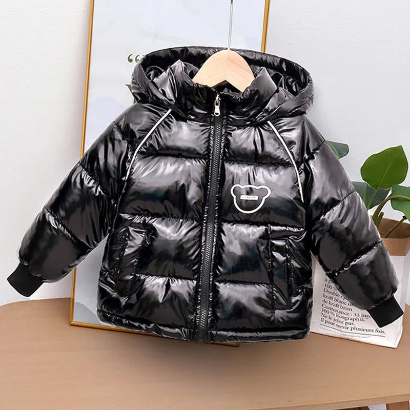 Winter New Boys Thick Jacket Cartoon Bear Glossy Antifouling Lining Plus Velvet Keep Warm Hooded Snowsuit For 2-6 Years