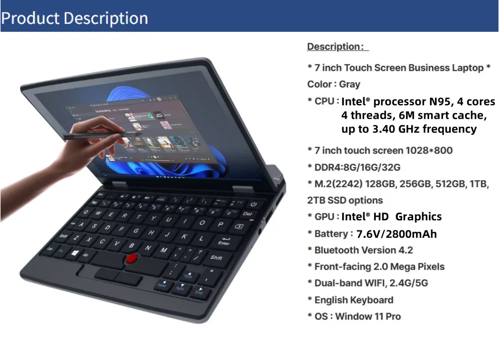Slim Laptop intel N95 CPU HD Graphics 16GB -128G/256G/512G/1TB SSD 7 inch Touch Screen Mini PC Computer Netbook