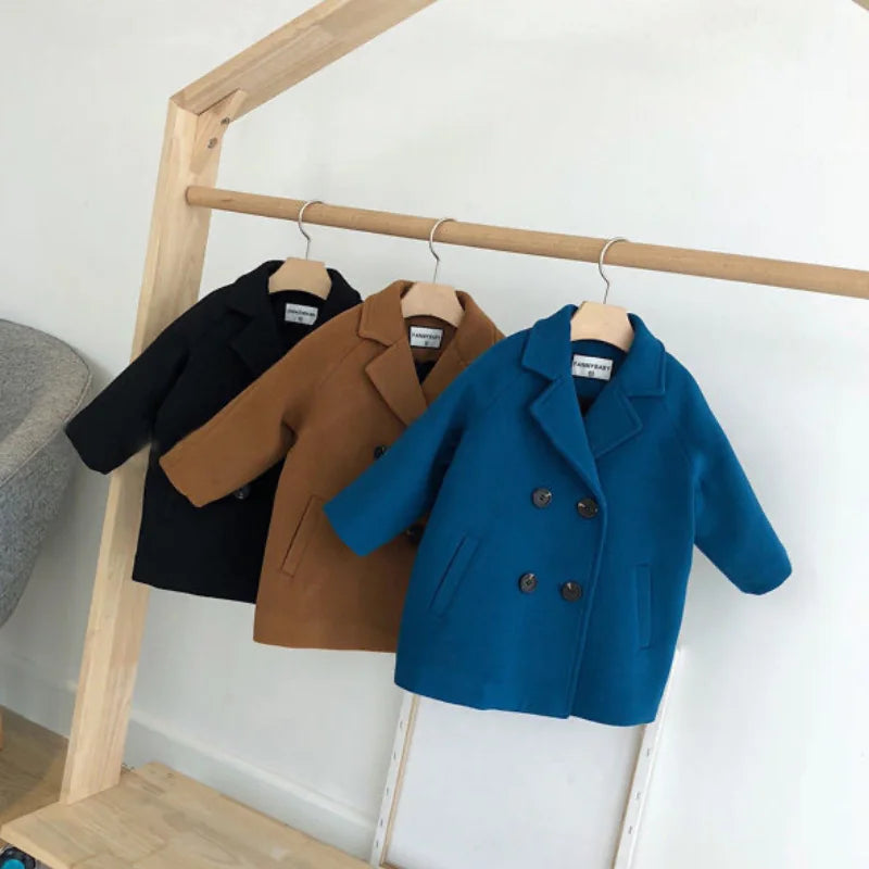 New Winter Grid Jackets Boys Girl Woolen Double-breasted Baby Boy Trench Coat Lapel Autumn Kids Outerwear Coats  Wool Overcoat