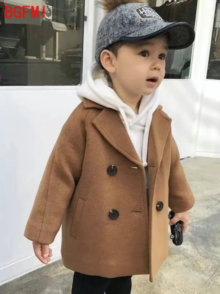 New Winter Grid Jackets Boys Girl Woolen Double-breasted Baby Boy Trench Coat Lapel Autumn Kids Outerwear Coats  Wool Overcoat