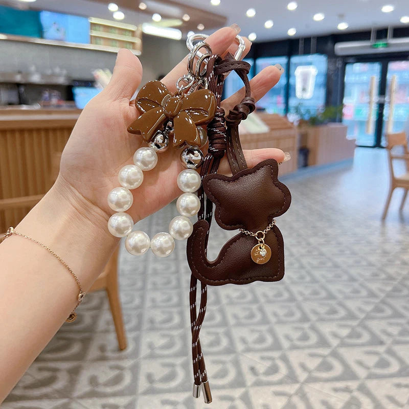 Bag Charms Purse Charms kit Keychains for Women,Cute Leather Cat Pearl bowknot Keychain Bag Charm for Handbag Accessories Tready