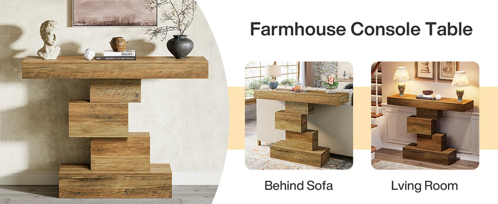 Tribesigns 42.5" Farmhouse Console Table, Narrow Wood Sofa Table Behind Couch with Geometric Base, Industrial Entryway Accent Ta