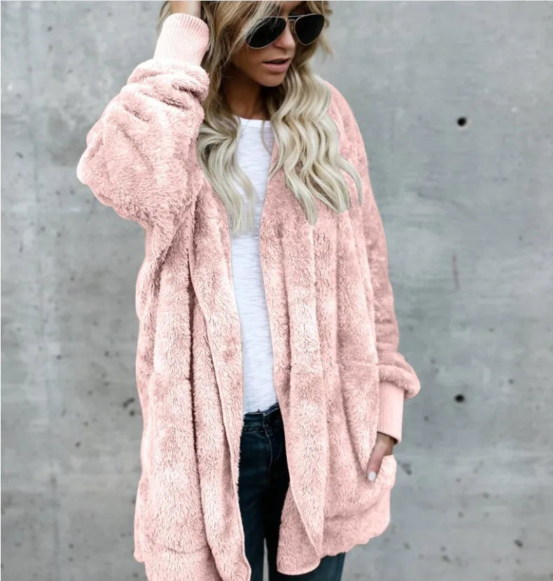 Clearance_Autumn Winter Double Fleece Cardigan Jacket Women Solid Color Long Sleeve Plush Warm Hooded Lady Jacket Oversized Oute
