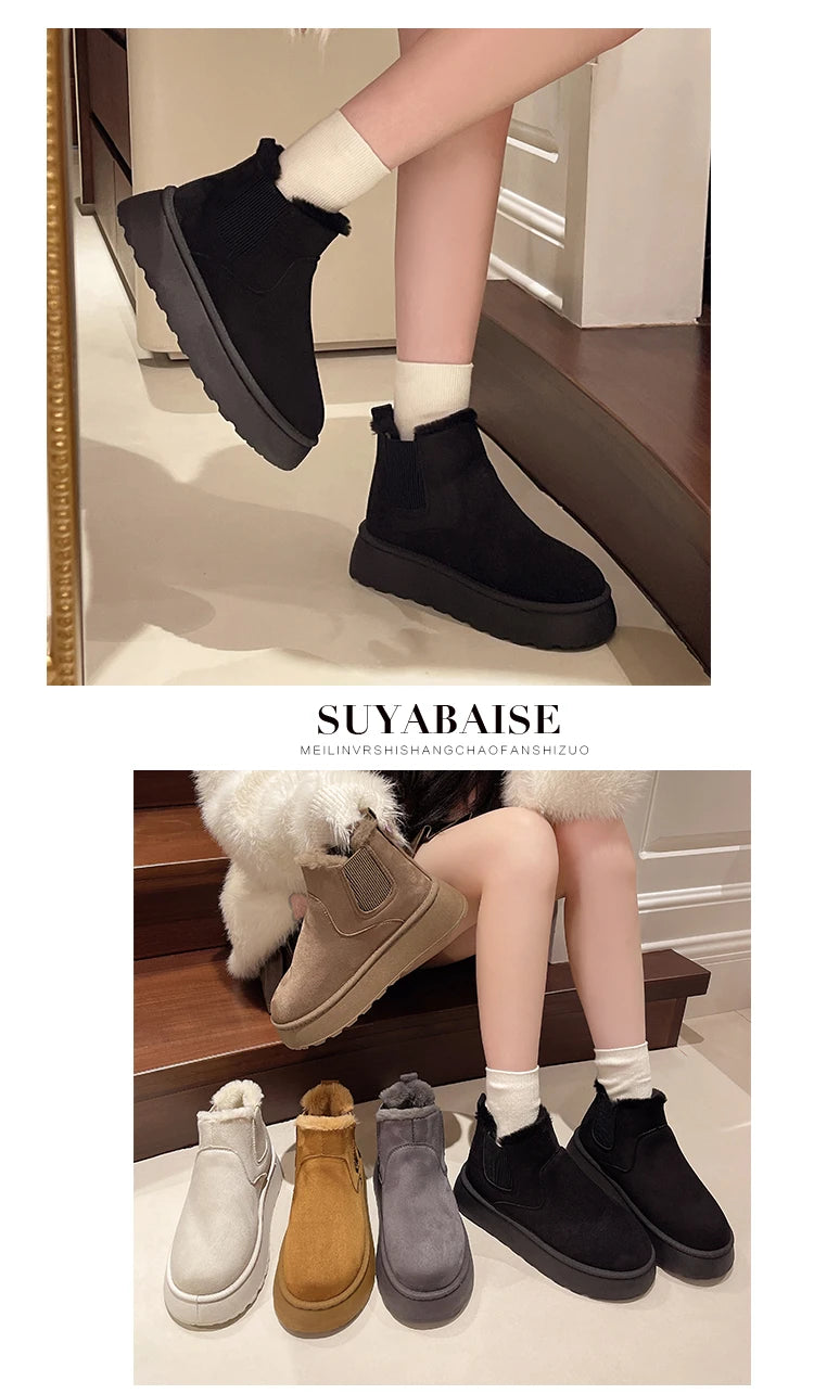 Winter Women Short Plush Warm Snow Boots Casual Shoes  New Suede Fur Chelsea Ankle Boots Flats Platform Ladies Shoes Botas