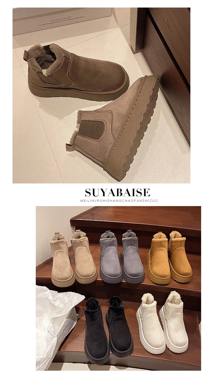 Winter Women Short Plush Warm Snow Boots Casual Shoes  New Suede Fur Chelsea Ankle Boots Flats Platform Ladies Shoes Botas