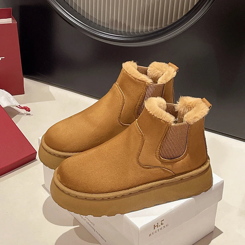 Winter Women Short Plush Warm Snow Boots Casual Shoes  New Suede Fur Chelsea Ankle Boots Flats Platform Ladies Shoes Botas