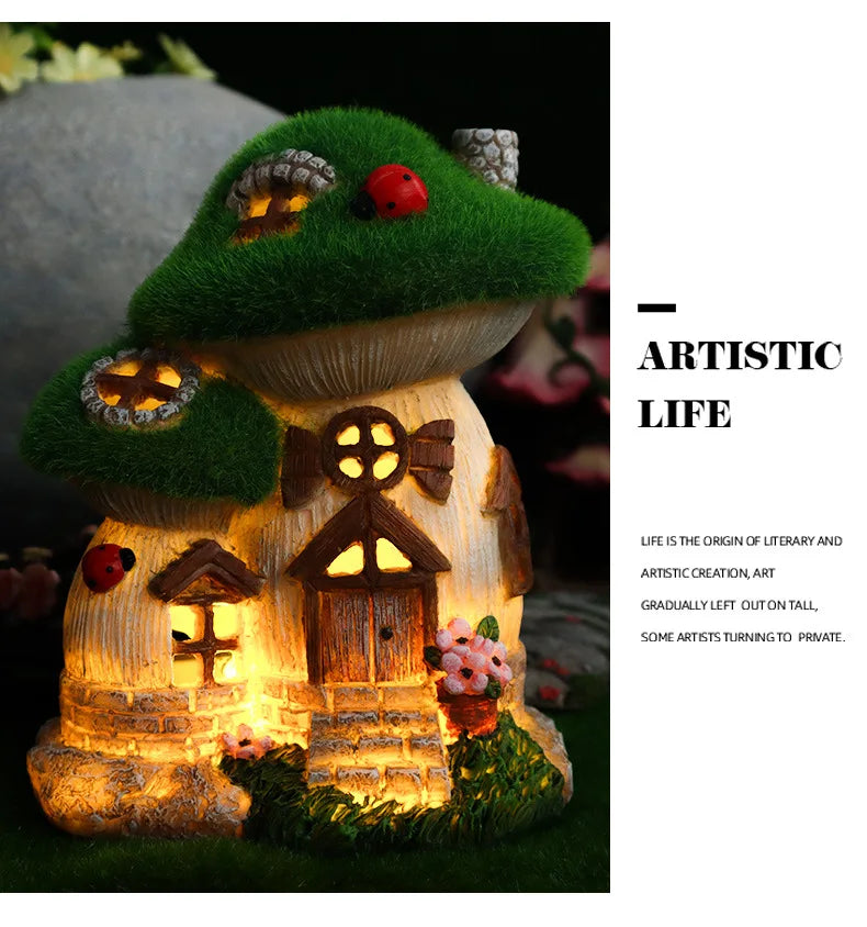 Garden Solar Night Light Mushroom House Flower Outdoor Courtyard Landscape Decoration Ornaments Resin Crafts Porch Accessories