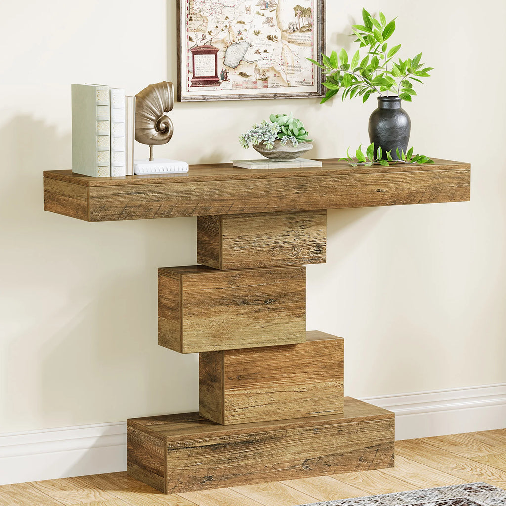 Tribesigns 42.5" Farmhouse Console Table, Narrow Wood Sofa Table Behind Couch with Geometric Base, Industrial Entryway Accent Ta