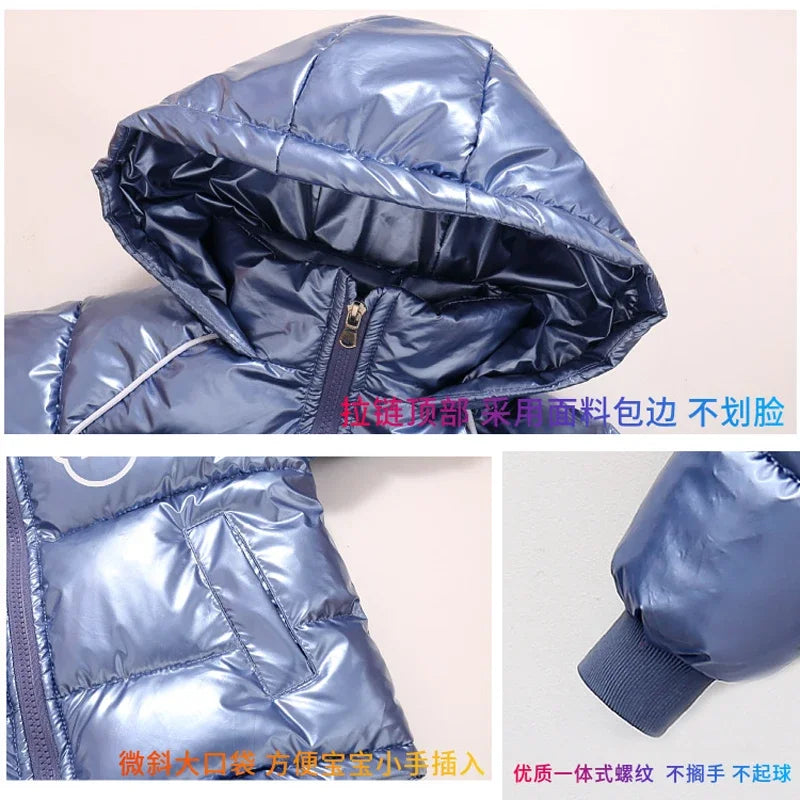 Winter New Boys Thick Jacket Cartoon Bear Glossy Antifouling Lining Plus Velvet Keep Warm Hooded Snowsuit For 2-6 Years