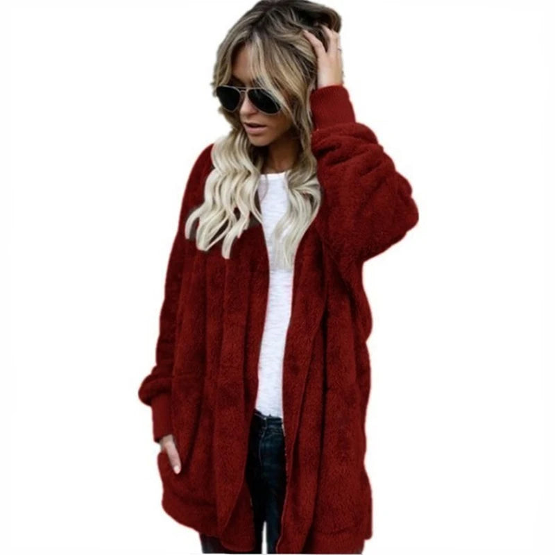 Clearance_Autumn Winter Double Fleece Cardigan Jacket Women Solid Color Long Sleeve Plush Warm Hooded Lady Jacket Oversized Oute