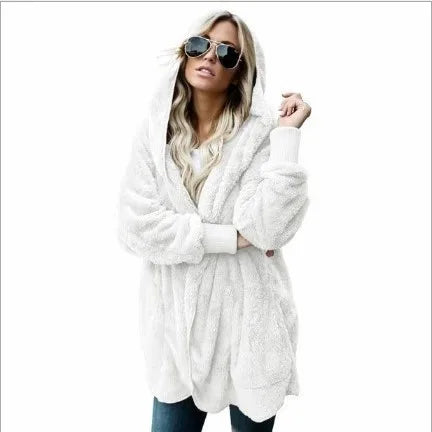 Clearance_Autumn Winter Double Fleece Cardigan Jacket Women Solid Color Long Sleeve Plush Warm Hooded Lady Jacket Oversized Oute