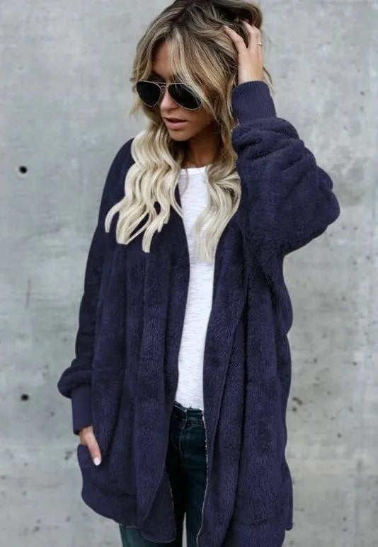 Clearance_Autumn Winter Double Fleece Cardigan Jacket Women Solid Color Long Sleeve Plush Warm Hooded Lady Jacket Oversized Oute