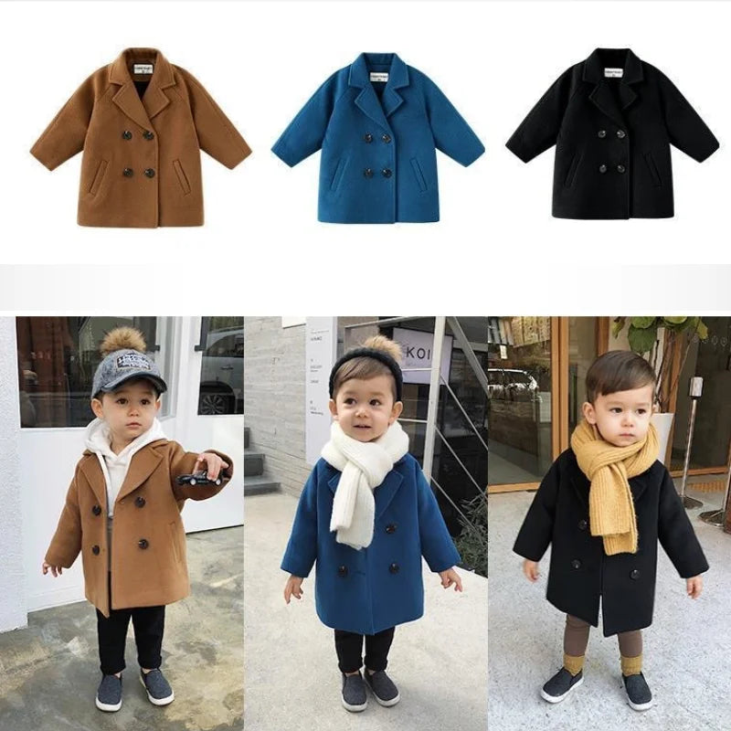 New Winter Grid Jackets Boys Girl Woolen Double-breasted Baby Boy Trench Coat Lapel Autumn Kids Outerwear Coats  Wool Overcoat