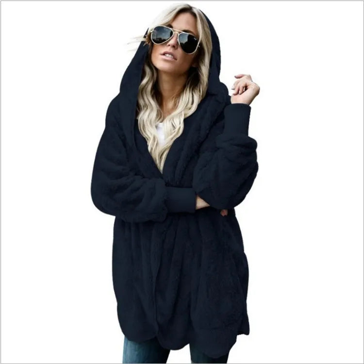 Clearance_Autumn Winter Double Fleece Cardigan Jacket Women Solid Color Long Sleeve Plush Warm Hooded Lady Jacket Oversized Oute