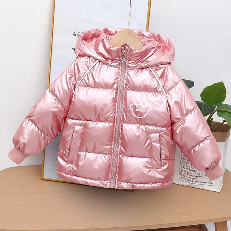 Winter New Boys Thick Jacket Cartoon Bear Glossy Antifouling Lining Plus Velvet Keep Warm Hooded Snowsuit For 2-6 Years